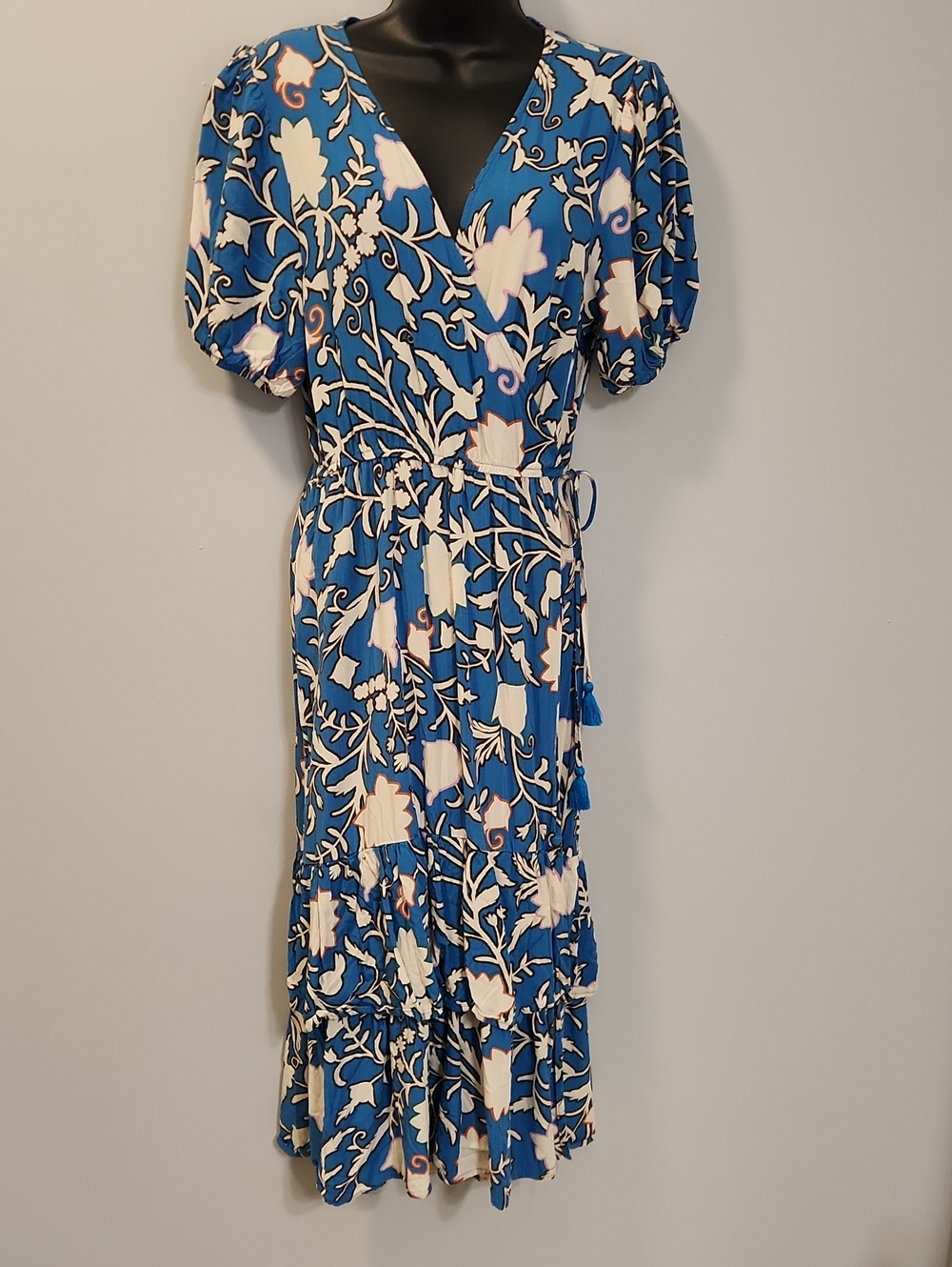 Knox Rose Blue Floral Wrap Midi Dress Puff Sleeve Boho Rayon Women’s M
